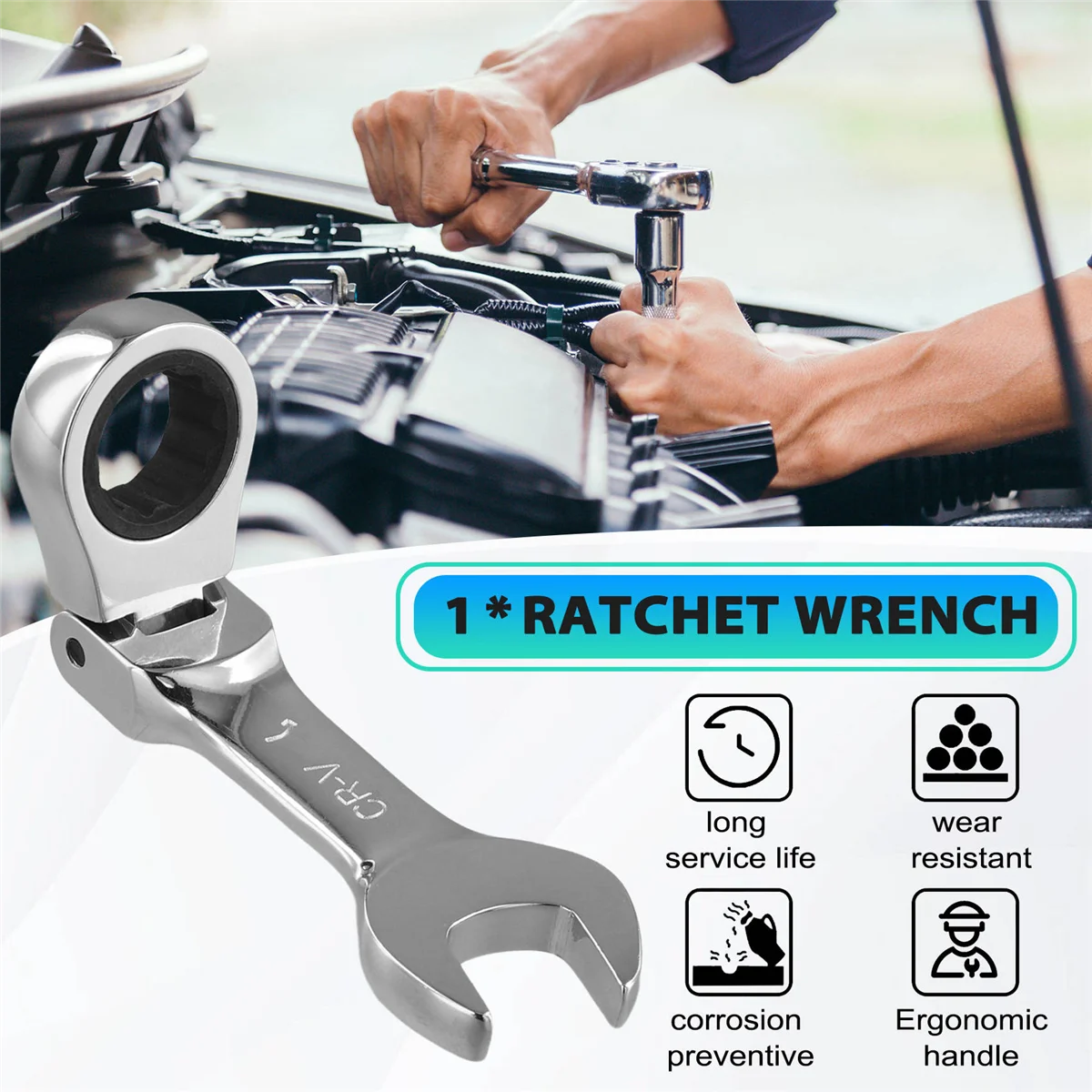 N18R Short Handle Ratchet Wrench with Movable ,Quick Dual-Purpose Open End Wrench,Hardware Tool, Labor-Saving Wrench 16mm