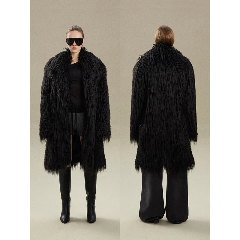 เสื้อโค้ทหนังยาว Handl Inc คอปกขนสัตว์เทียมรักษ์โลก แจ็คเก็ตผู้หญิงทรงหลวม สไตล์สตรีท สำหรับฤดูหนาว