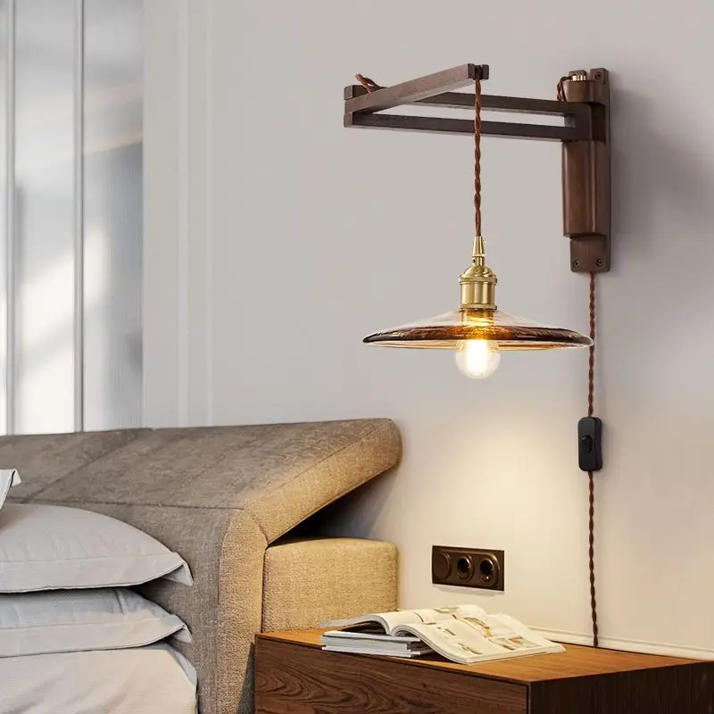 

Retro folding wall lamp, walnut color living room study entrance retractable wiring-free lamp
