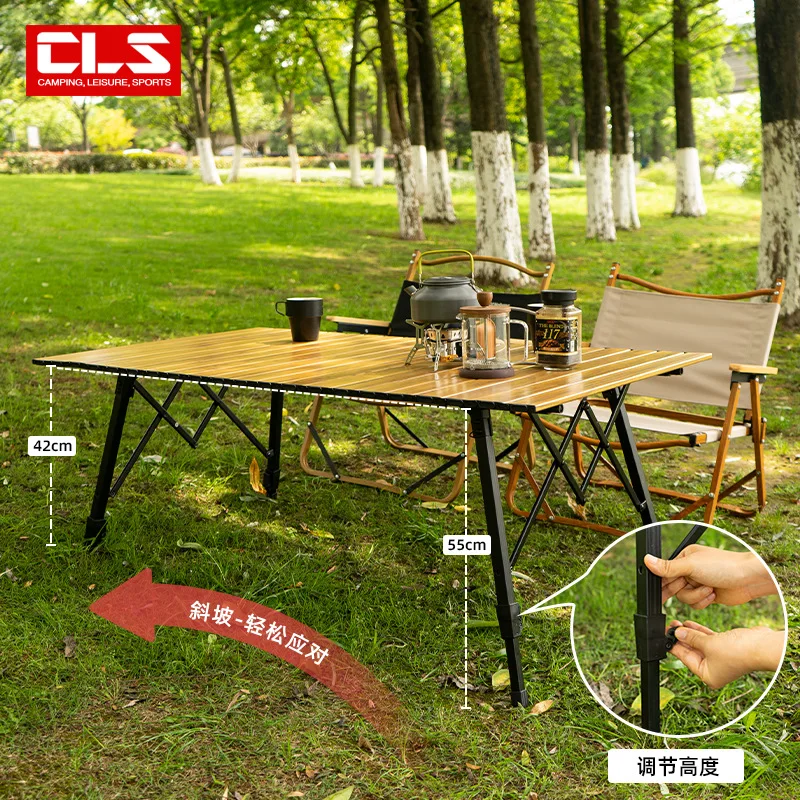 Outdoor Egg Roll Table Wood Grain Aluminum Alloy Folding Table Portable Camping Aluminum Plate Table Large Lifting Camping Table