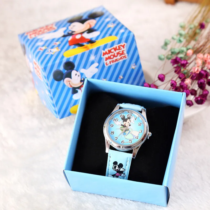 Disney Anime Mickey Mouse Watch with Box Kawaii Minnie Frozen Color Box Children\'s Watch Cartoon Kids Gifts Watch