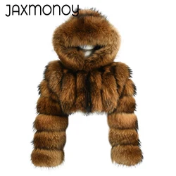 Jaxmonoy 여성을위한 진짜 너구리 모피 코트 겨울 패션 후드 모피 자켓 럭셔리 풀 슬리브 따뜻한 겉옷 여성 새 스타일