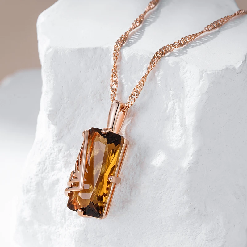 Kinel Fashion Light Brown Natural Zircon Pendant Necklace for Women Simple Square 585 Rose Gold Color High Quality Daily Jewelry