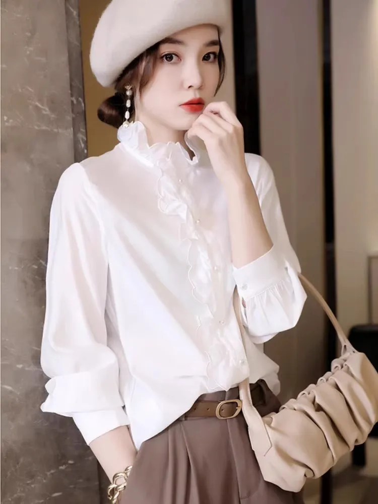 

Retro Stand Collar irt Women's Lace Trim Tailored Blouse Wooden Design Long Sve Polyester Fiber No Ironing Needed