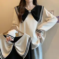 Female Clothing Sailor Collar Sweatshirts Stylish Bow Spring Autumn Long Sleeve Commute Loose Casual Spliced All-match Pullovers