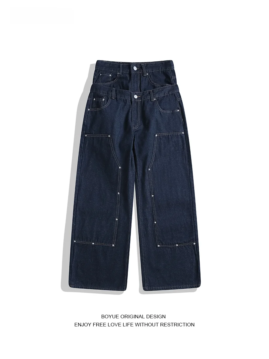 

Boyue American Retro Double Waist Jeans Loose Wide Leg Pants Men Women Casual Cotton Workwear Straight Leg Trousers