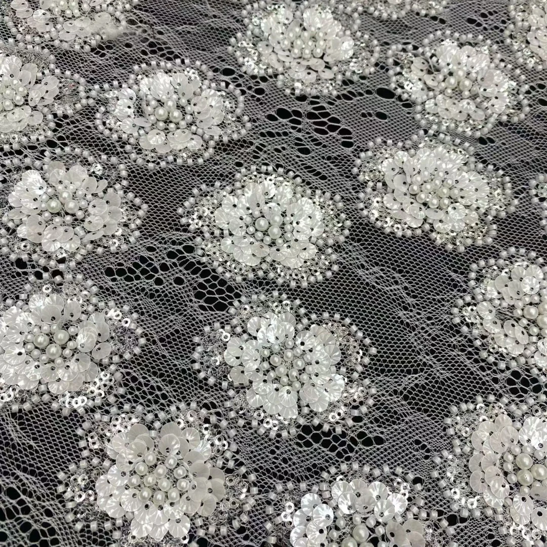 

Luxury White French Tulle Sequins Lace Fabric 2026 African Handmade Beaded Floral High Quality Nigerian Wedding Party Dress Sewi