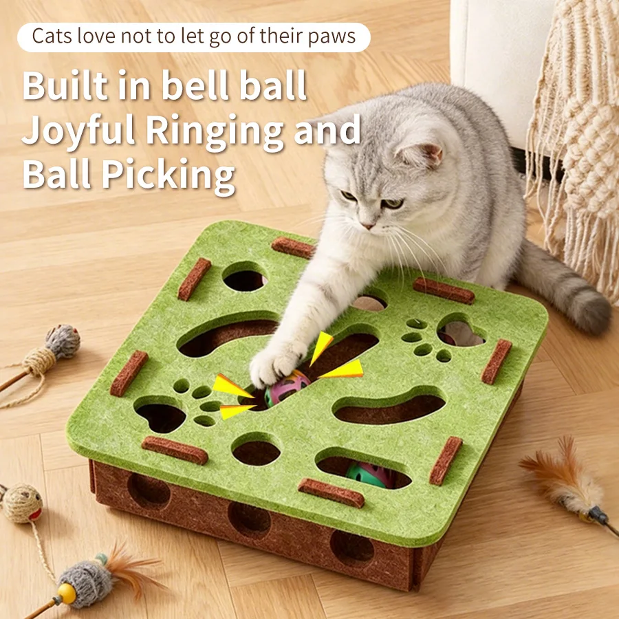 Filz-Katzenpuzzle-Spielzeug: Interaktiver Labyrinth-Tunnel mit Leckerli-Spender, Glockenball zur Beschäftigung und Langeweile-Linderung, Indoor-Grabspiel für Katzen