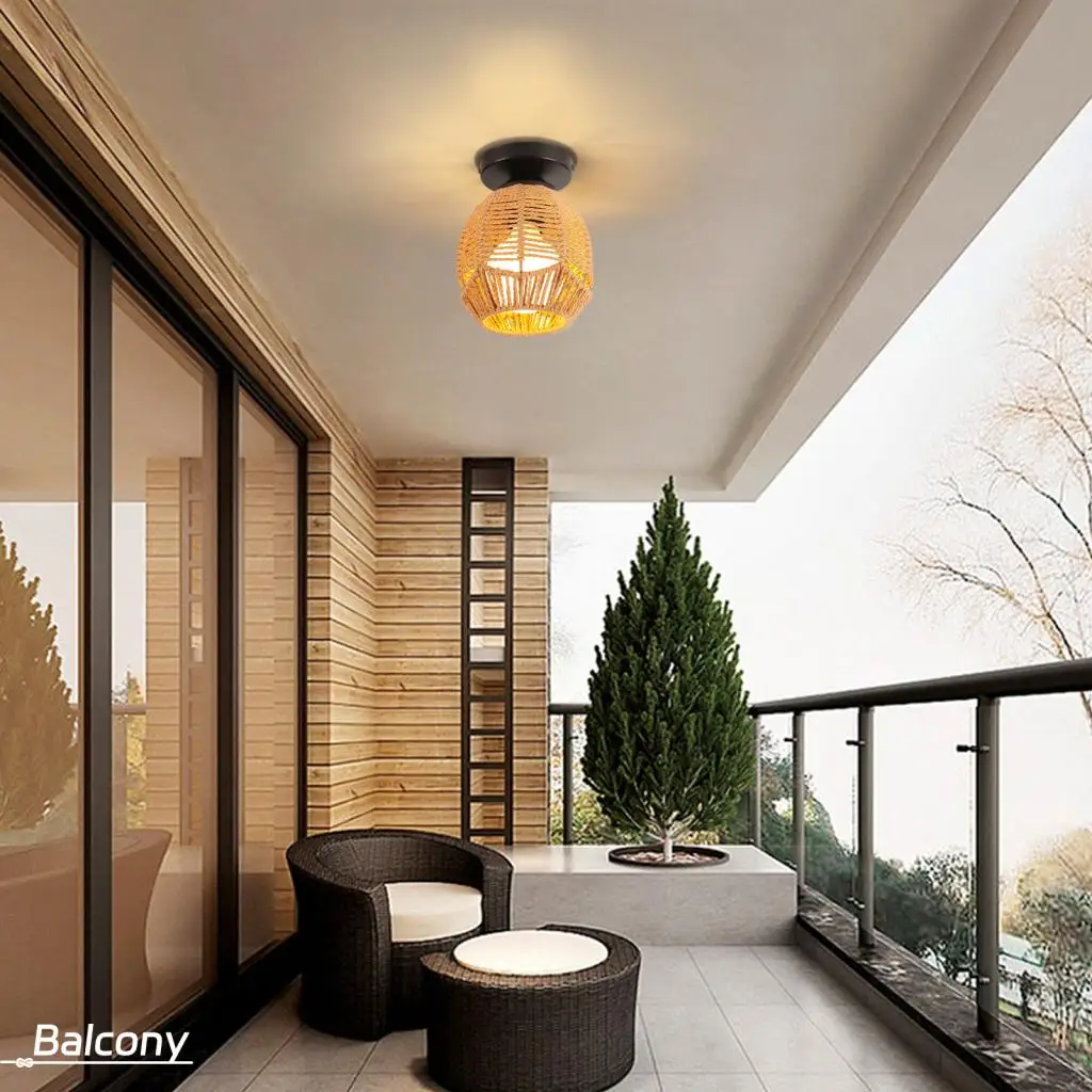 Modern Hemp Rope Woven Ceiling Light Rattan Boho Flush Mount Ceiling Lamp Shade for Bedroom Living Room Dining Room Lighting LED