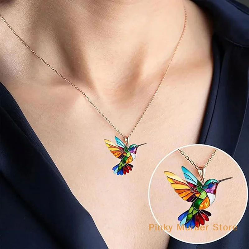 1 Pc Colorful Fashion Acrylic Hummingbird Vintage Pendant Necklace Exquisite Anniversary Gift Women's Trendy Jewelry Necklace