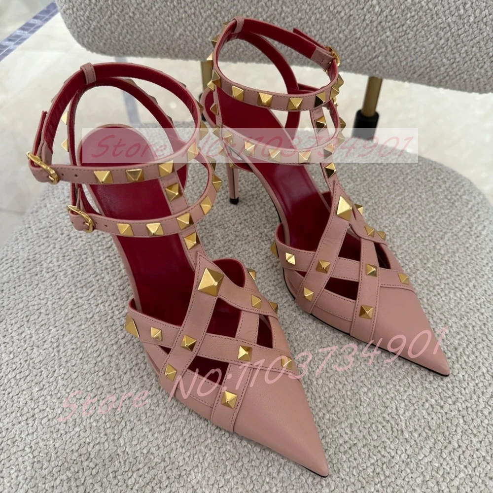 Women's Pointed Toe Stiletto Sandals With Gold Rivets Sexy Nude Pink Cross Strap Cut-Out Sandals Feminine Stylish Glam Footwear view 3