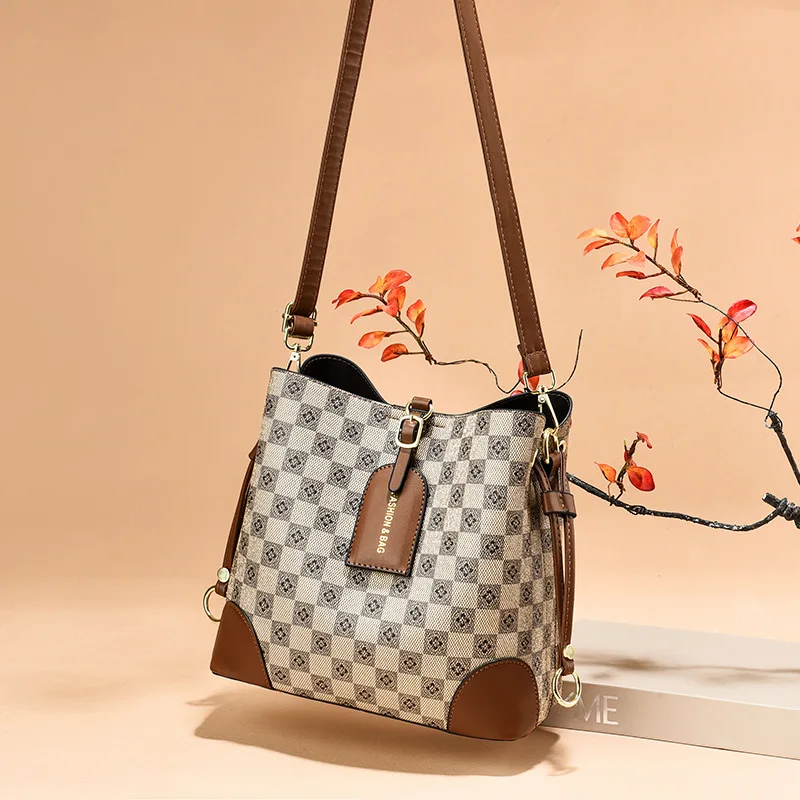 Elegante borsa da donna stampata a scacchiera retrò, borsa a secchiello atmosferica con struttura di tendenza, grande capacità All-in-one Cross-body