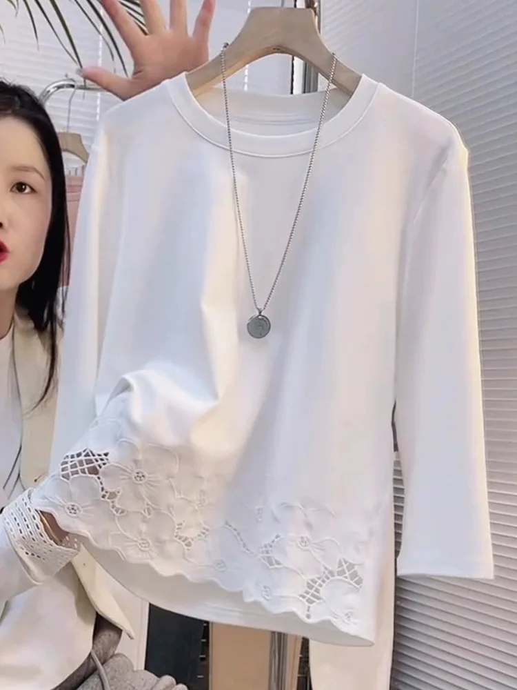   Koronkowa bluzka z okrągłym dekoltem, luźna, w stylu casual, wersja koreańska, z jedwabiu, na wiosnę i lato.