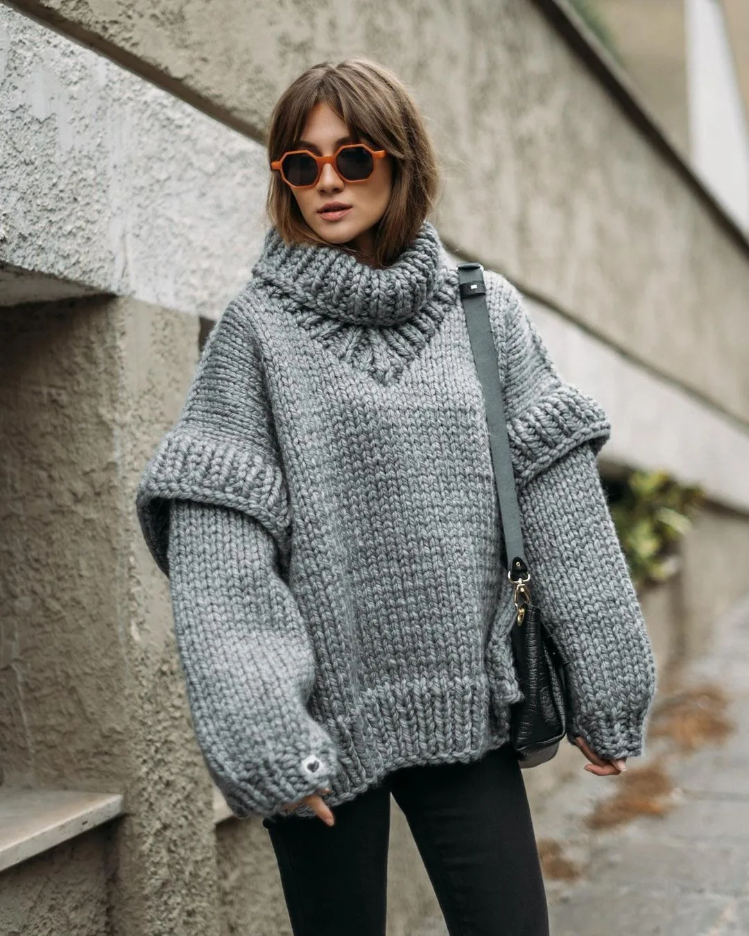 DEAT Fashion Women\'s Knitted Pullover Turtleneck Patchwork Loose Long Sleeves Warm Lady Sweater Winter 2024 New Tide 7AB1868