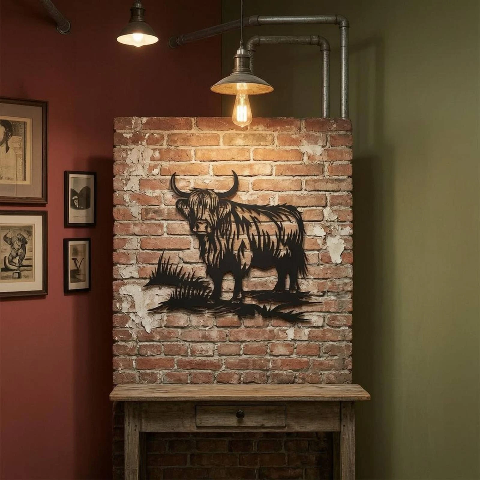 Highland Cow Outline Metal Art Cutout Shaggy Cow Wall Decoration Grass Design Ready to Hang