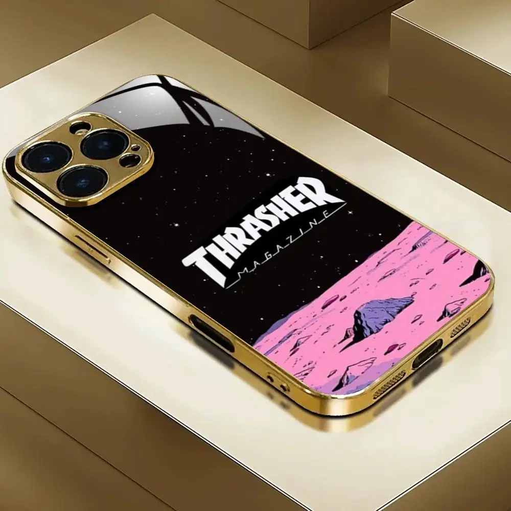 Funda para Teléfono T-THRASHER para iPhone 17 AIR 16 15 14 13 12 Pro Plus Max, Funda de Vidrio Electrochapado en Oro