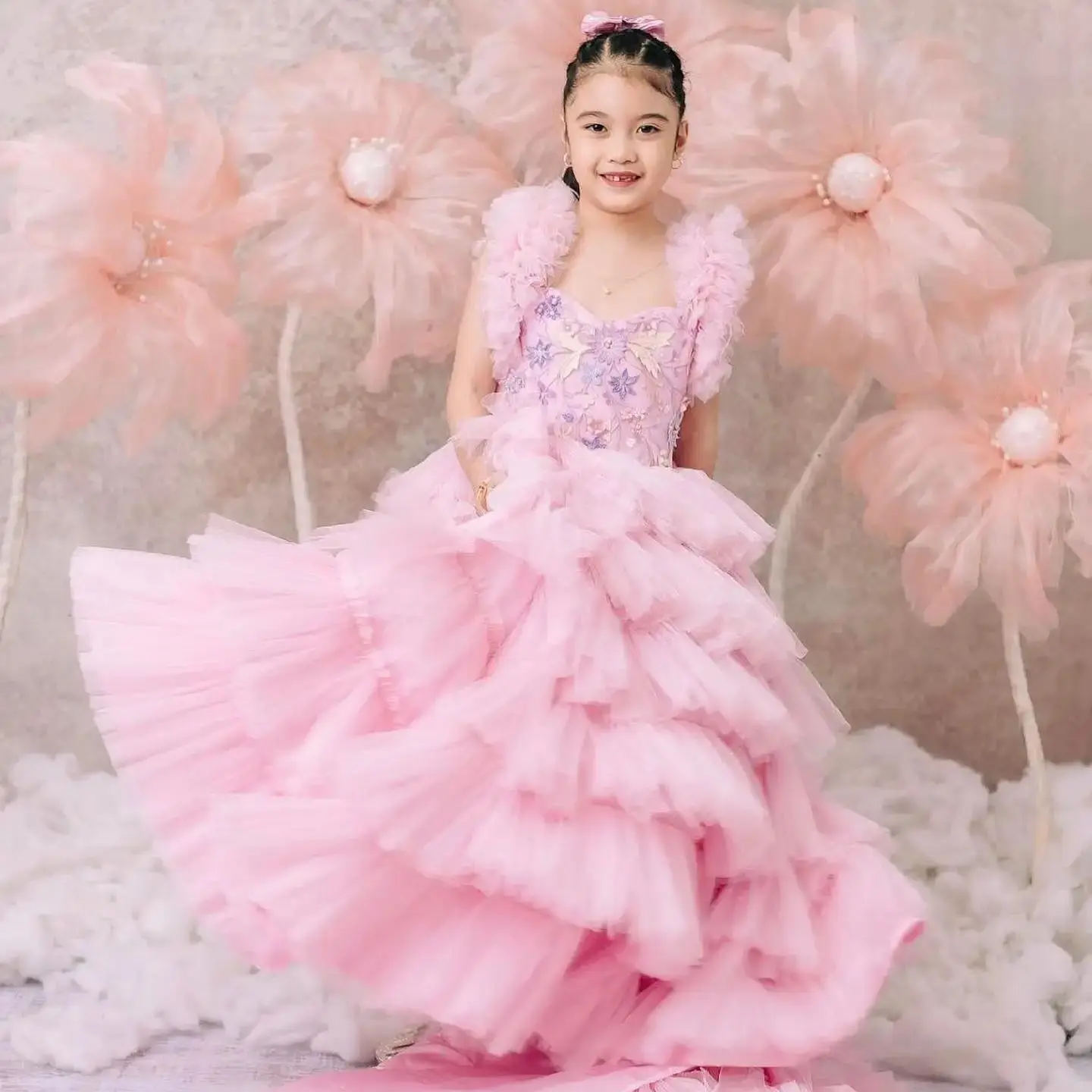 

Pink Flower Girl Dresses for Wedding Tiered Ruffles Kids Birthday Party Gowns Floor Length Little Girls Photography Dresses