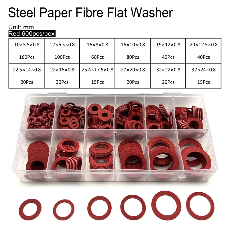 Insulation Red Steel Paper O-Type Flat Washer Kit 600 Pcs Redpaper Gasket Wear-Resistant Seal CS 0.8 MM ID 5.5 mm - 24 mm OD 10