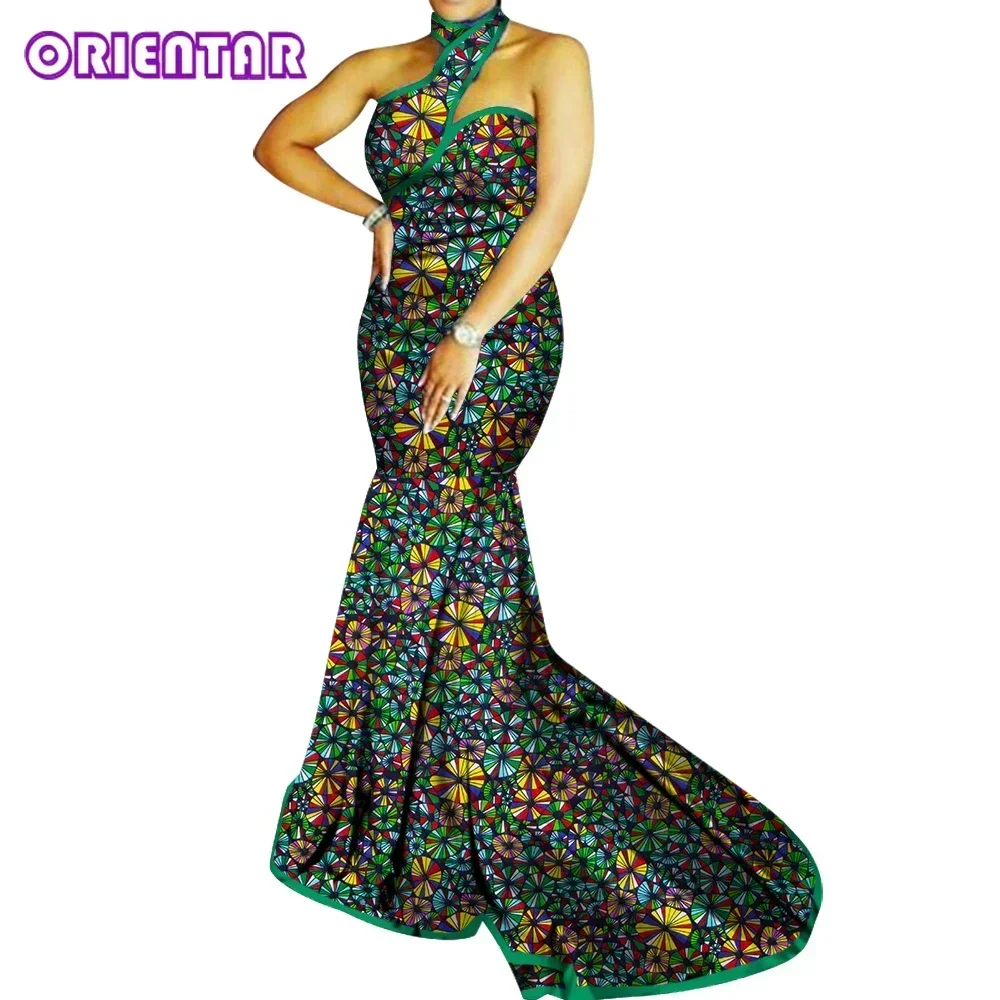 

Elegant African Dress for Women Sexy Sleeveless Evening Dress Ankara Off Shoulder Dress Floor Length Maxi Party Dresses WY3934