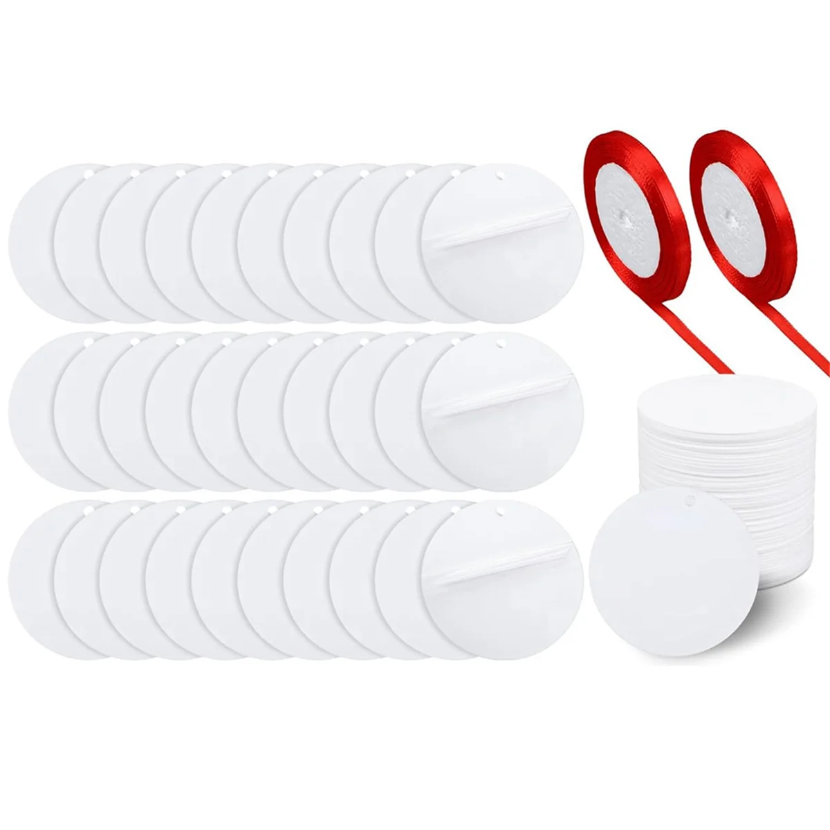 100 Pcs 3 Inch Christmas Acrylic Sublimation Ornament Blanks with Holes White Round Ornament with Red Ribbon