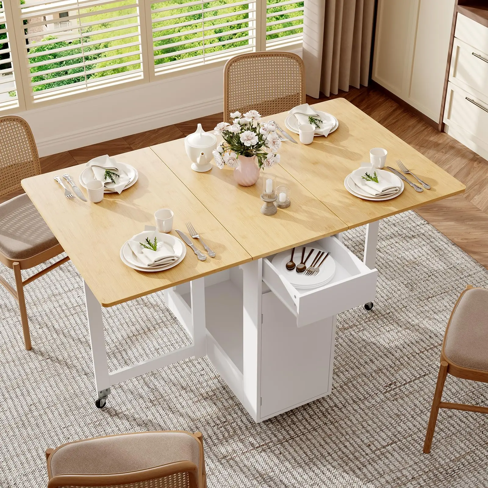 Folding Dining Table With Drop Leaf, Kitchen Cart With Drawer And Storage Shelves, 6 Locking Wheels, Space-Saving Table For 4-6