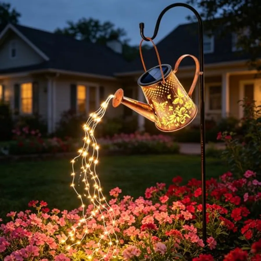 

Solar Lanterns Outdoor Decorative: Metal Watering Can with Cascading LED Lights and Hook - Waterproof Hanging Garden for Yard P