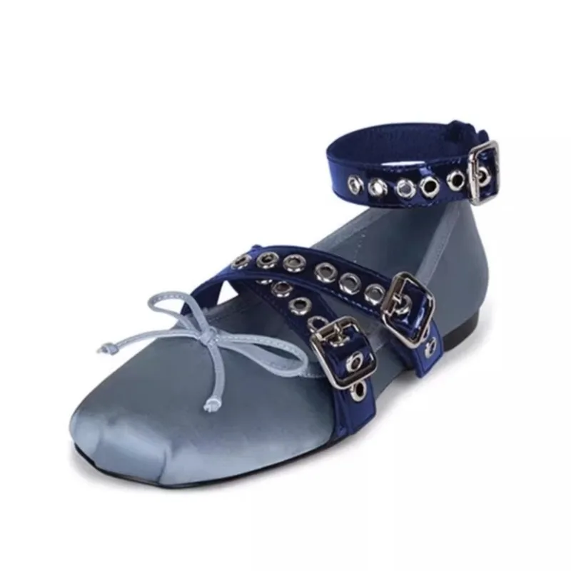 

New Blue Black Satin Belt Buckle Hollowed Out Single Shoe Spring Autumn Fashion Metal Buckle Ballet Shoes Comfortable Mom Shoes