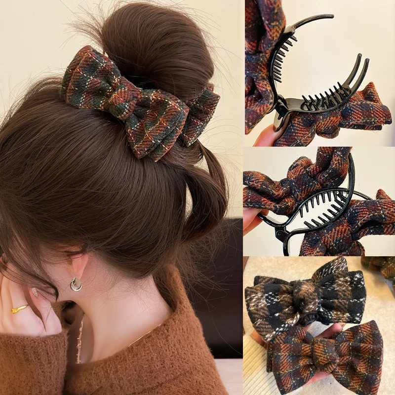 Fabric Plaid Bow Ponytail Holder Retro Elegant High Ponytail Clip Women Girl Sweet Cute Hair Claw Shark Clip Styling Accessories