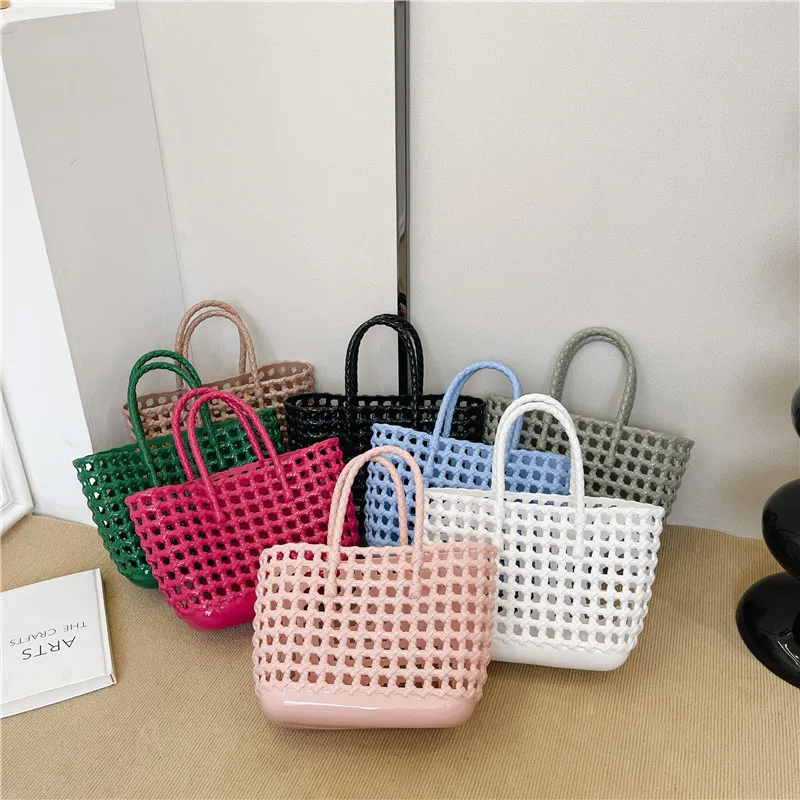 2024 New Vegetable Basket Summer Fashion PVC Handbag Hand Woven Bag Patchwork Striped Tote Beach Bags