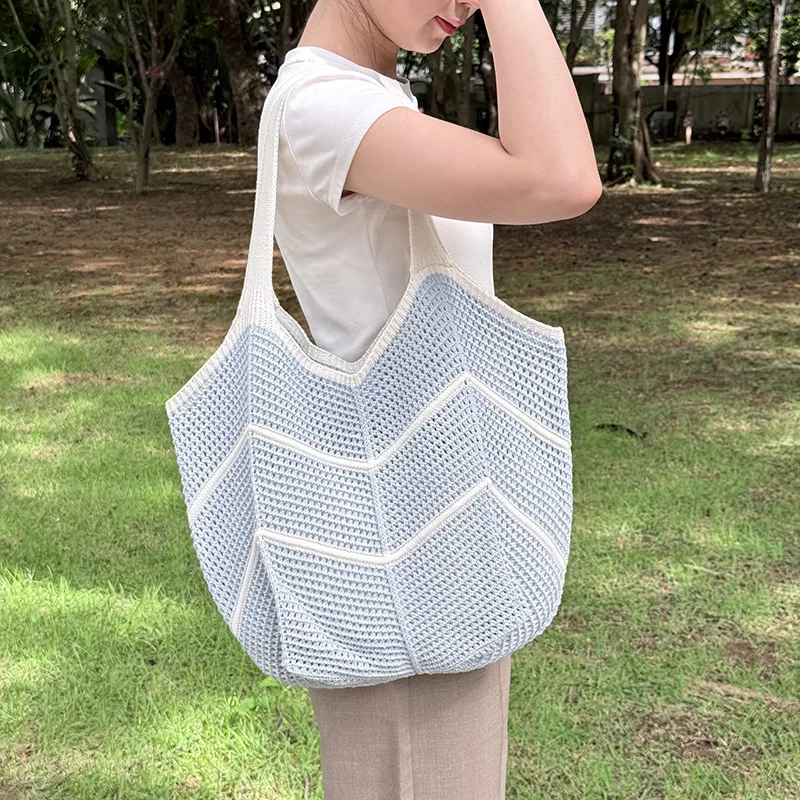 3pcs Shoulder Bags Women Casual Large Capacity Mesh  Striped Knitted Travel Totes