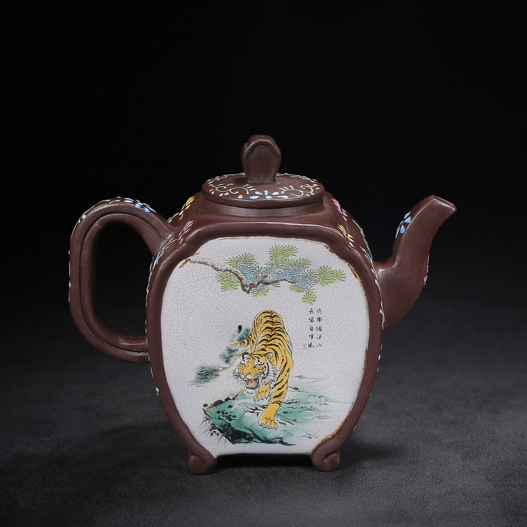 

Old Chinese Handicraft Enameled YiXing Zisha (red stoneware) Teapot,colour Tiger,with mark, Free shipping