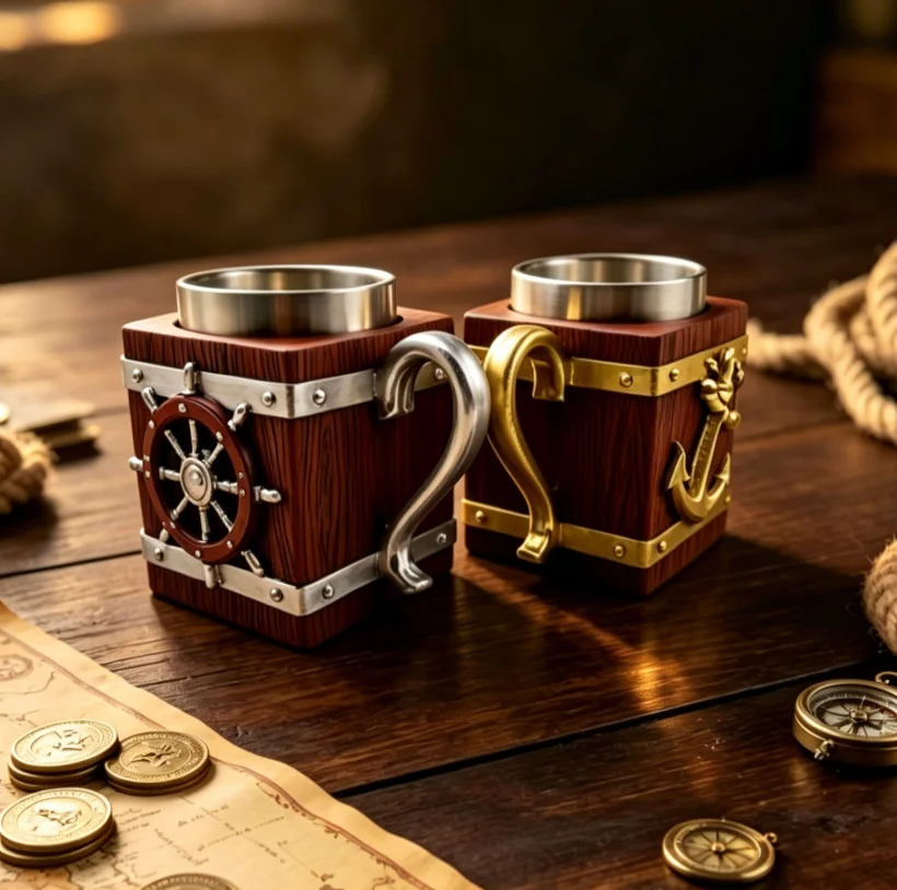 Nautical Pirate Treasure Box Mug, Resin Skull & Crossbones Tankard with Stainless Steel Liner, Retro Bar Drink Cup for Pirate