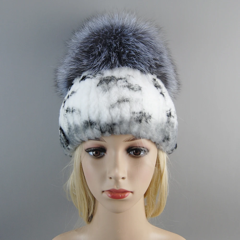Hot On Sale Women Winter Knitted Real Rex Rabbit Fur Hat Good Elastic Natural Fluffy Silver Fox Fur Caps Female Genuine Fur Hats