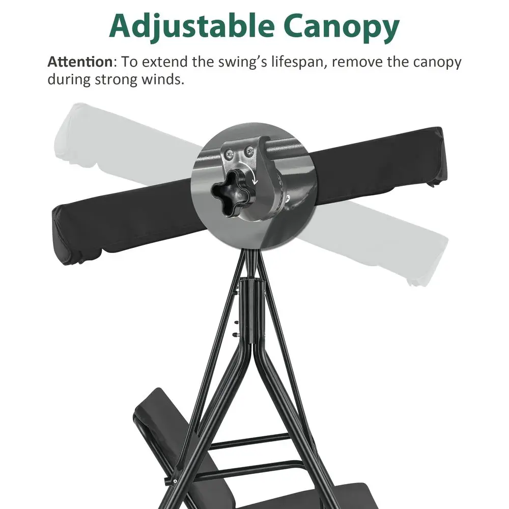 23 Person Outdoor Patio Swing Chair, Convertible Canopy Hanging Swing Glider Lounge Chair, Removable Cushions, 4003 Black