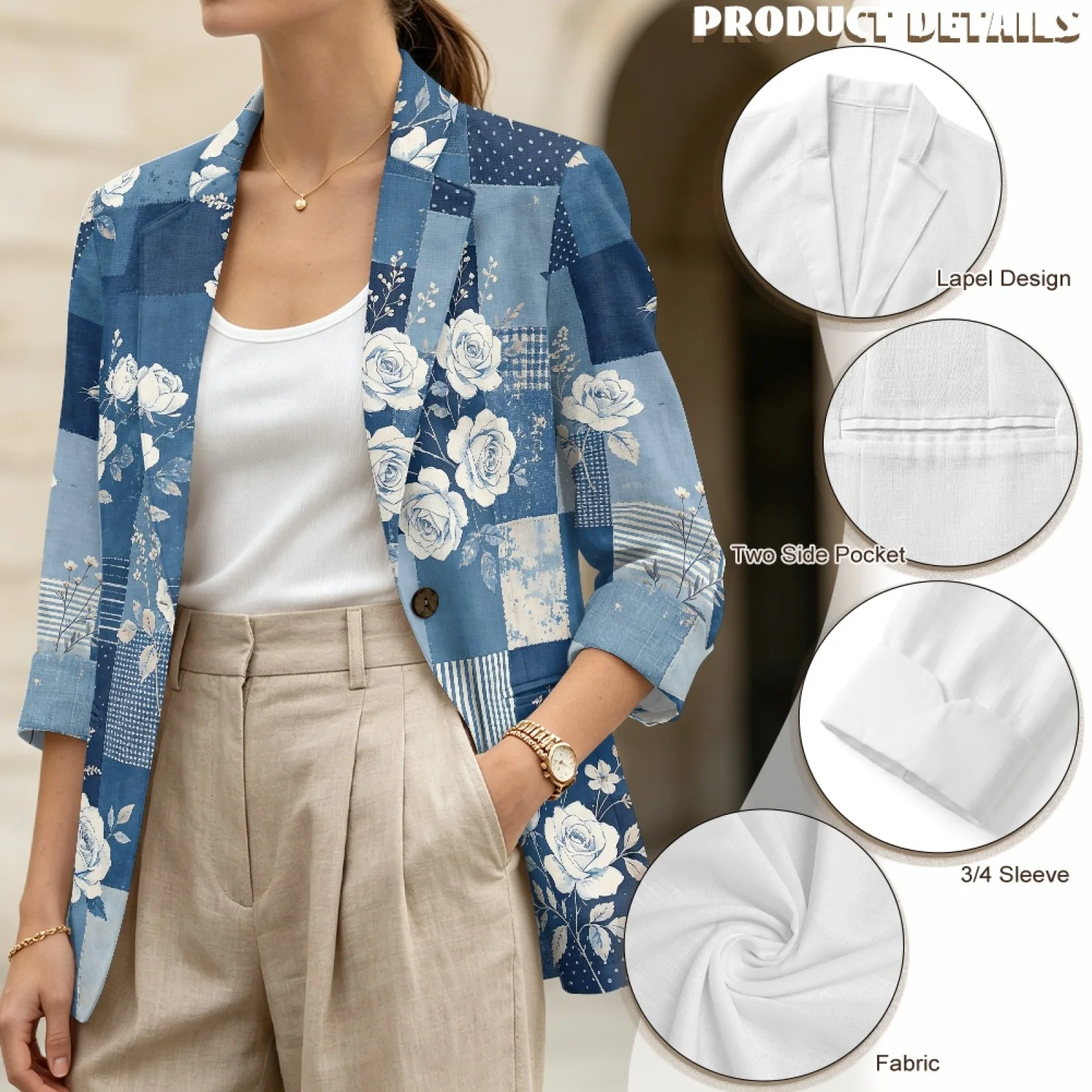 PENSTROLL Blue Rose Patchwork Linen Style Thin Coat Open Front Jacket for Women Loose Beach Coverups view 5