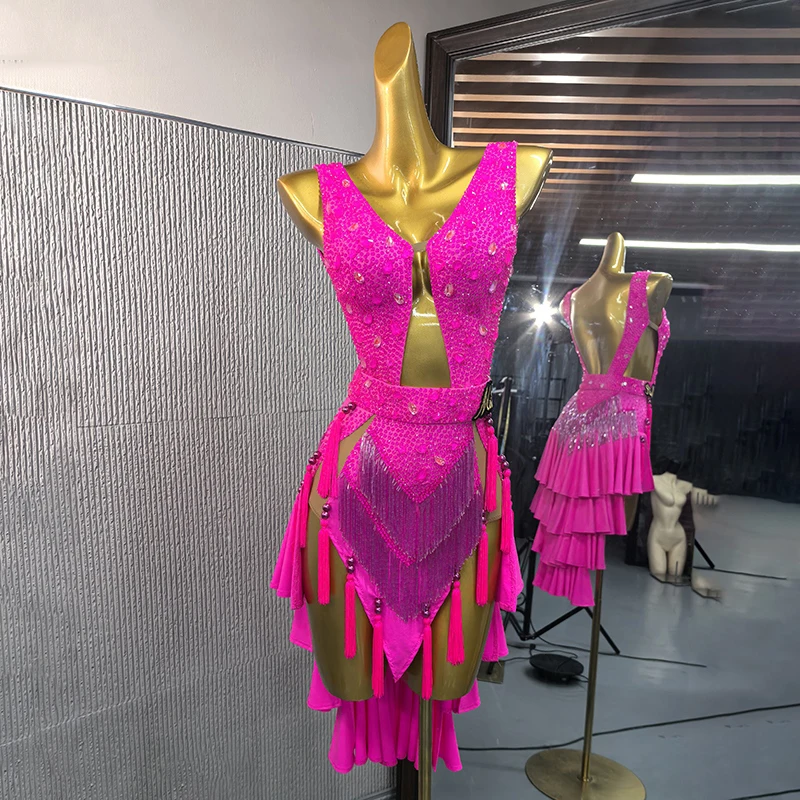 New Neon Pink Latin Dance Competition Dress Rhinestone Fringe Dress Women Stage Performance Costume Prom Dance Clothing DNV22446