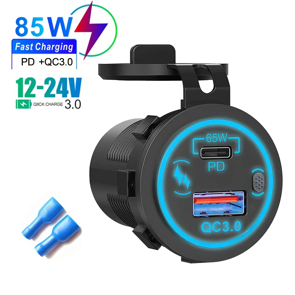 85W PD Typ C/QC 3.0 USB-Autoladegerät mit Schalter, Schnellladebuchse, Stromadapter, wasserdicht, für 12V 24V Auto, LKW, Boot