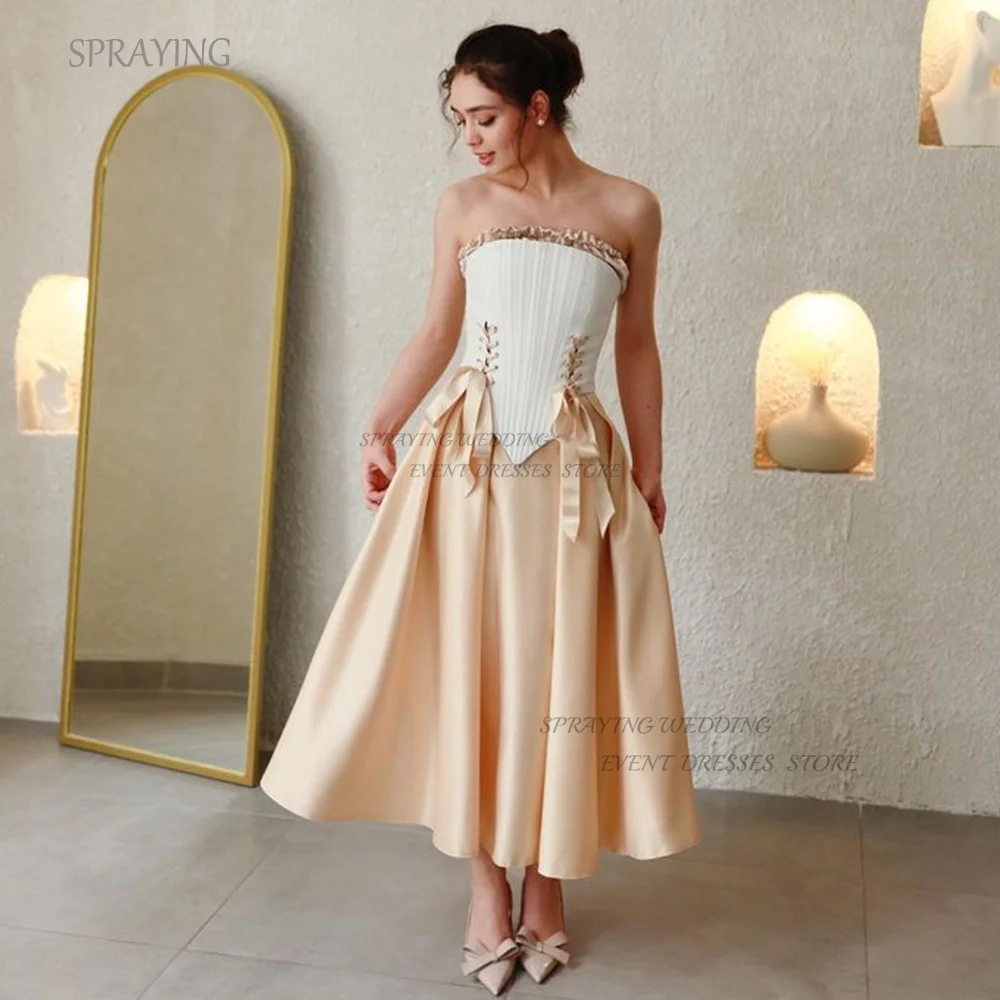 SPRAYING A-line Prom Gown Patchwork Strapless Evening Dresses 2024 Draped パーティードレス Tea-Length Custom Made Lace-up Party Gown