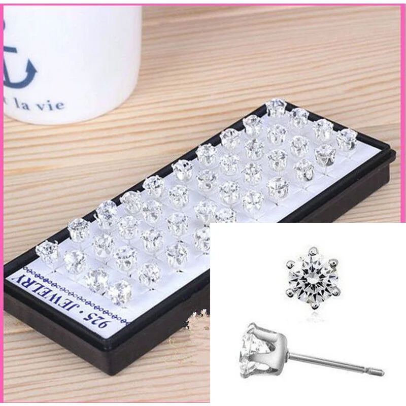 20 Pairs Box Men Women Fashion CUT CRYSTAL DIAMANTE Silvery Clear Ear Studs Earrings