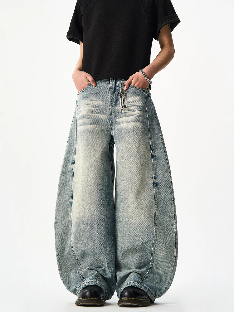 Woostop الأمريكية الرجعية سكين واسعة الساق الجينز الرجال النساء فضفاضة تناسب كلينفيت المنجل السراويل العصرية مستقيم أنبوب الجينز #1