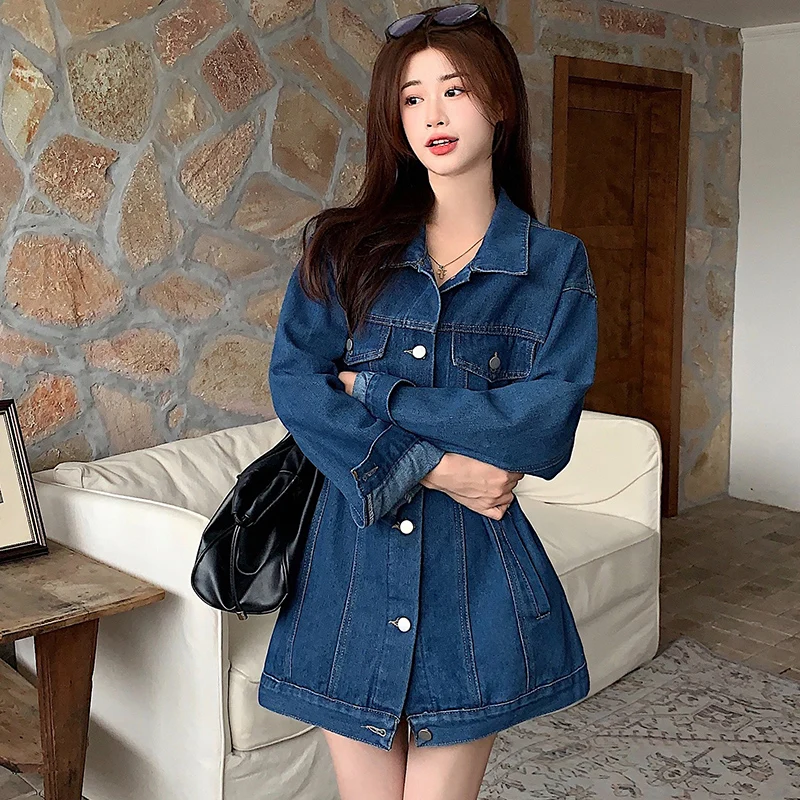 GIDYQ Vintage Denim Jacket Women Korean Loose Sash Tie Up Mid Length BF Denim Coat Y2k High Street Casual Chic Tops Autumn New