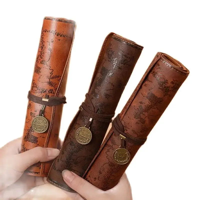 Vintage Imitation Cowhide Leather Roll Up Pirate Treasure Map Pencilcase Office School Supply Woman Cosmetics Storage Bag Gift