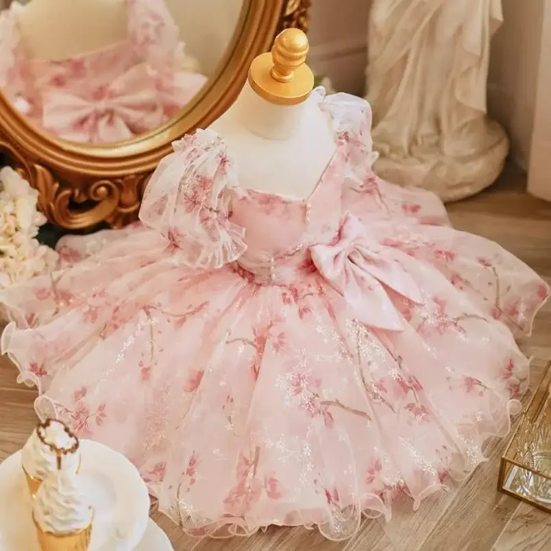 

2024 Children's Evening Gown Bow Print Puff Sleeve Design Wedding Birthday Baptism Eid Performance Party Girls Dress