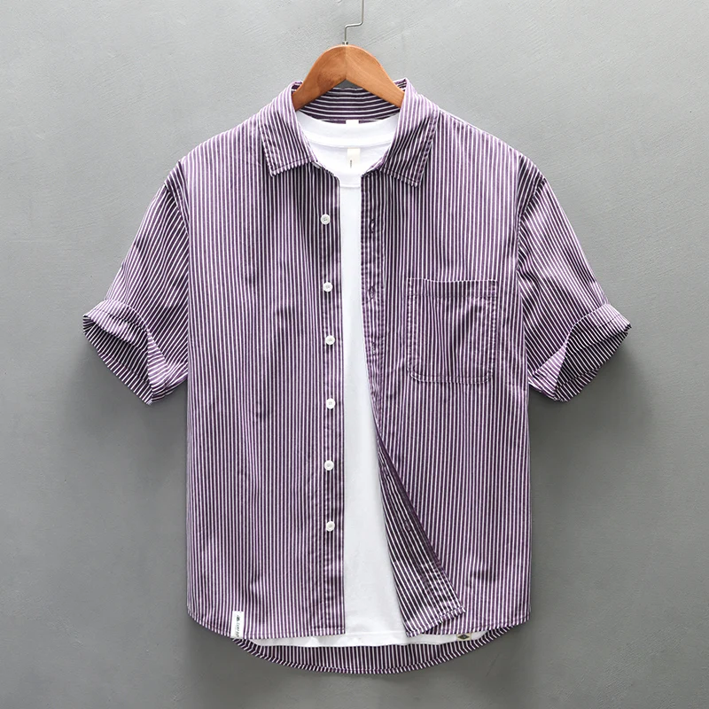 

2024 Summer New Blue Striped Short Sleeve Shirts for Men Plus Size 4XL Casual Loose Cotton Shirts