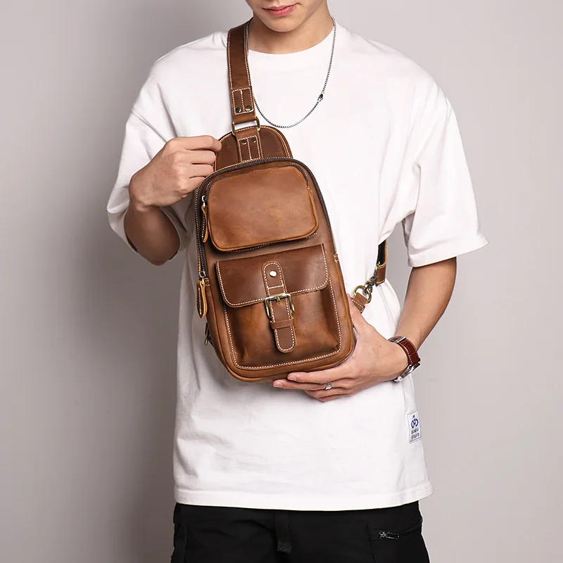 

European and American retro men's messenger bag Crazy horse cow leather chest bag Outdoor sports messenger bag Leather men's bag