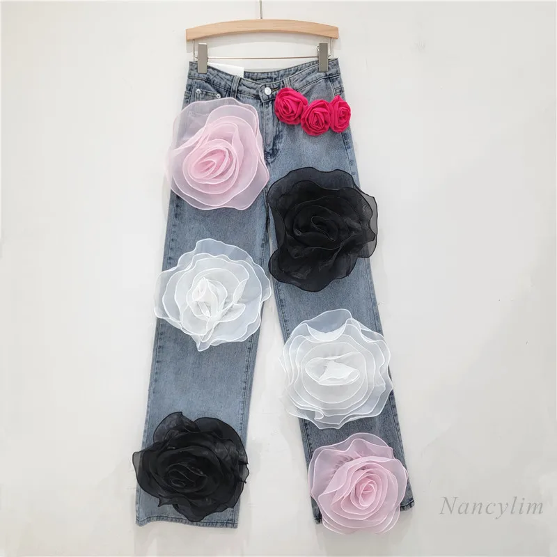 

Personalized Big Petal Design Jeans Woman 2024 Autumn New High Waist Loose and Slimming All-Matching Wide Leg Denim Trousers