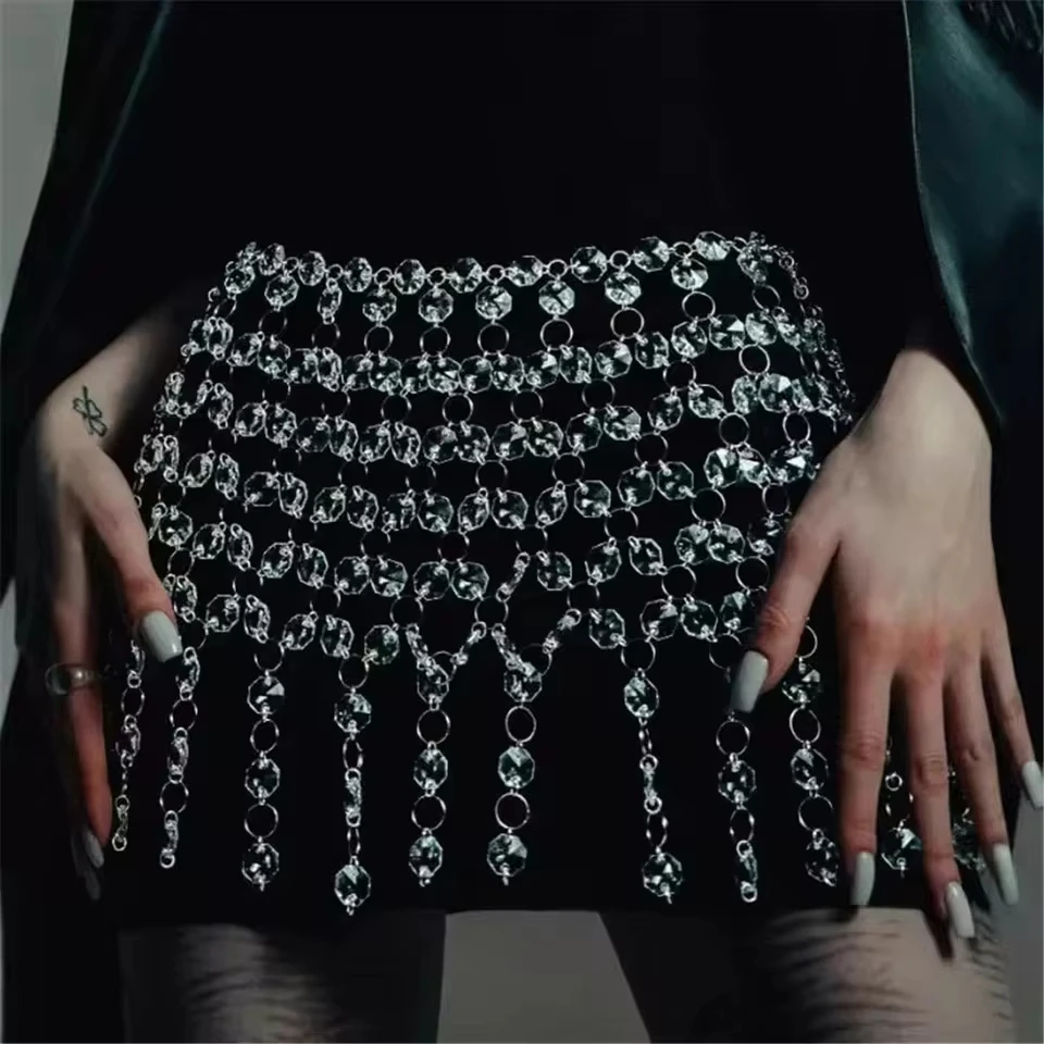 Rhinestone Mesh Panel High-Waisted Skirt Nightclub Stage Cutout Sheer A-Line Mini Skirt For Women Hot Girl Fashion Dresses