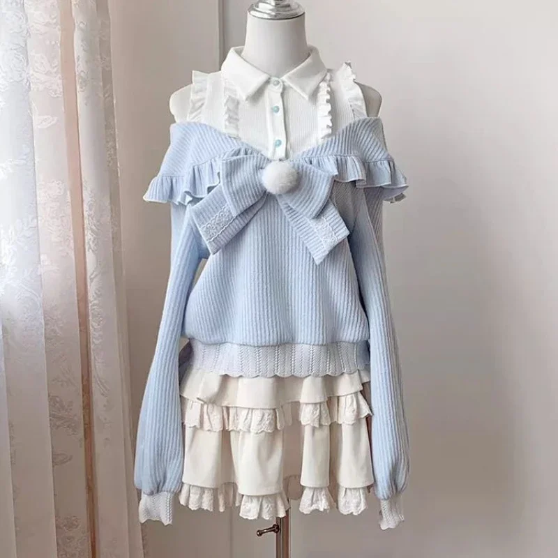 ชุดเซ็ต 2 ชิ้น สไตล์โลลิต้า น่ารักหวานแหวว เสื้อไหมพรมถักลายโบว์ กระโปรงสั้นลูกไม้ทรงเค้ก สำหรับผู้หญิง ฤดูใบไม้ร่วง สไตล์ฮาราจูกุ Y2k