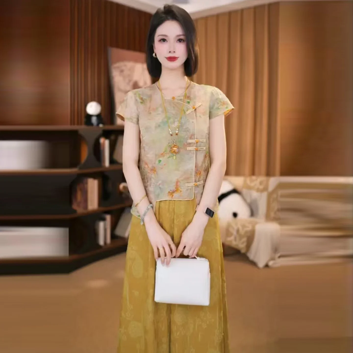 New Chinese Style Fashion Set Women Summer New Trendy Slimming National Style Button Short Sleeve Shirt Wide Leg Pants Two Pi... - view 4