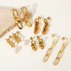 Classic Long Stainless Steel Cuban Chains Drop Dangle Earrings for Women Gold Plated Link Tassel Chain Earring Statement Jewelry